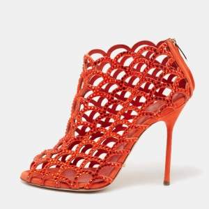Pre Owned Sergio Rossi Orange Crystal Embellished Suede Cut Out Peep Toe Ankle Booties Size 37