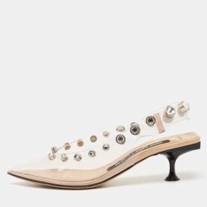 Pre Owned Sergio Rossi Beige PVC Crystal Embellished Pointed Toe Slingback Sandals Size 36