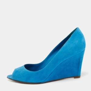 Sergio Rossi Blue Suede Peep Toe Wedge Pumps Size 40.5