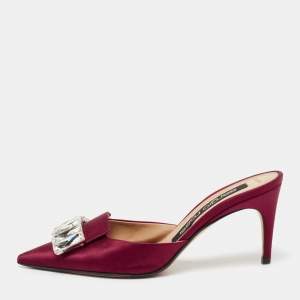Pre Owned Sergio Rossi Burgundy Satin Crystal Embellished Mules Size 36.5 