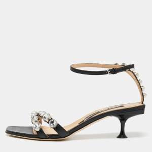 Pre Owned Sergio Rossi Black Leather Crystal Embellished Ankle Strap Sandals Size 38