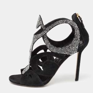 Sergio Rossi Black Suede Crystal Embellished Sandals Size 38.5