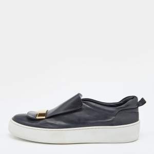 Pre Owned Sergio Rossi Black/Gold Leather Metal logo Plate Leather Addict Sneakers Size 41