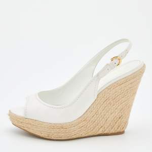Pre Owned Sergio Rossi White Leather Espadrille Platform Wedge Slingback Sandals Size 40