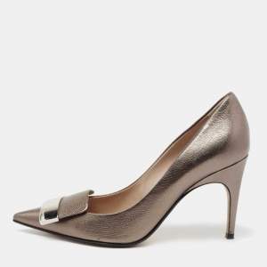 Pre Owned Sergio Rossi Metallic Grey Leather Logo Plaque Detail Pointed Toe Pumps Size 36