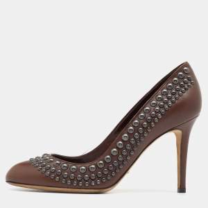 Pre Owned Sergio Rossi Brown Leather Studded Round Toe Pumps Size 40
