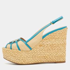 Pre Owned Sergio Rossi Beige/Blue Straw and Leather Slingback Wedge Sandals Size 37