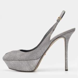 Sergio Rossi Silver Lizard Embossed Leather Peep Toe Slingback Platform Sandals Size 41