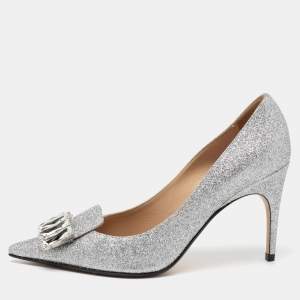 Pre Owned Sergio Rossi Silver Glitter Crystal Embellished Pumps Size 39