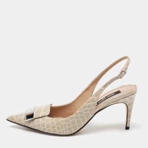 Pre Owned Sergio Rossi Beige Croc Embossed Leather Slingback Pumps Size 38