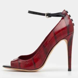 Pre Owned Sergio Rossi Red Eel Leather Peep Toe Pumps Size 39