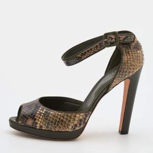 Pre Owned Sergio Rossi Multicolor Python And Leather Trim Ankle Strap Sandals Size 39