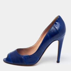 Pre Owned Sergio Rossi Blue Eel Leather Peep Toe Pumps Size 37.5