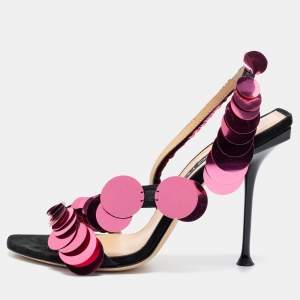 Pre Owned Sergio Rossi Black/Pink Suede Embellished Ankle Strap Sandals Size 38