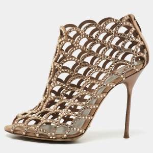 Pre Owned Sergio Rossi Beige Crystal Embellished Scalloped Suede Peep-Toe Caged Ankle Booties Size 39