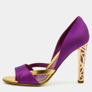 Pre Owned Sergio Rossi Purple/Gold Satin And Leather Open Toe Sandals Size 39
