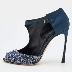 Pre Owned Sergio Rossi Midnight Blue Satin Crystal Embellished Peep Toe Pumps Size 41