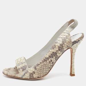 Pre Owned Sergio Rossi Grey/Off-White Python Leather Open Toe Slingback Sandals Size 40