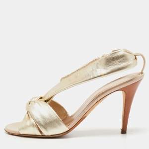 Sergio Rossi Gold Leather Knot Detail Open Toe Sandals Size  40