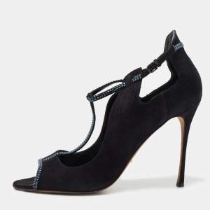 Sergio Rossi Black Suede Crystal Embellished Ankle Strap Sandals Size 42