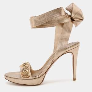 Pre Owned Sergio Rossi Metallic Gold Leather Embroidered Ankle Cuff Sandals Size 38.5