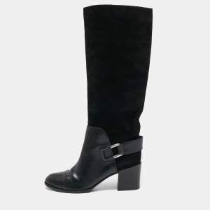 Pre Owned Sergio Rossi Black Leather and Suede Mild Calf Boots Size 37.5