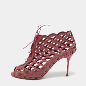 Pre Owned Sergio Rossi Magenta Lizard Embossed Leather Cut Out Lace Up Ankle Booties Size 40