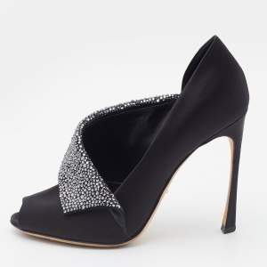 Pre Owned Sergio Rossi Black Satin Crystal Embellished Peep Toe Pumps Size 37