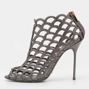 Pre Owned Sergio Rossi Grey Leather Cut Out Caged Open Toe Ankle Booties Size 39
