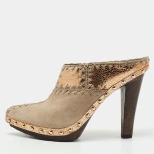 Pre Owned Sergio Rossi Grey/Gold Suede and Textured Leather Studded Pointed Toe Mules Size 38