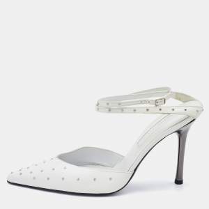 Pre Owned Sergio Rossi White Leather Studded Ankle Strap Pumps Size 38