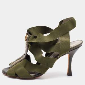Pre Owned Sergio Rossi Olive Green Leather and Stretch Band Strappy Sandals Size 37