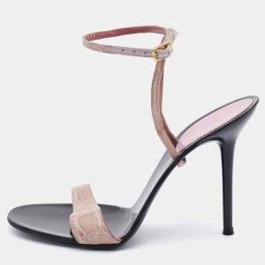 Pre Owned Sergio Rossi Pink Croc Embossed Leather Ankle Strap Sandals Size 38