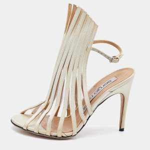 Pre Owned Sergio Rossi Cream/Transparent Satin and PVC Strappy Sandals Size 36.5