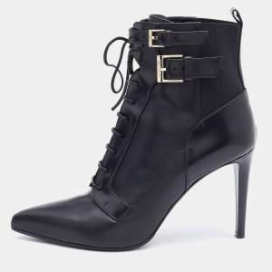 Sergio Rossi Black Leather Buckle Detail Lace Up Ankle Length Boots Size 39