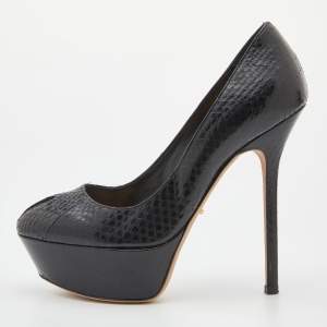 Pre Owned Sergio Rossi Black Python Leather Peep Toe Platform Pumps Size 35.5