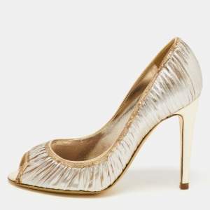 Pre Owned Sergio Rossi Gold Ruffled Lame Fabric Peep Toe Pumps Size 37