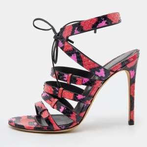 Sergio Rossi Pink/Black Python Leather Ankle Tie Up Strappy Sandals Size 36