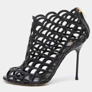 Pre Owned Sergio Rossi Black Leather Scalloped Open Toe Caged Booties Size 38