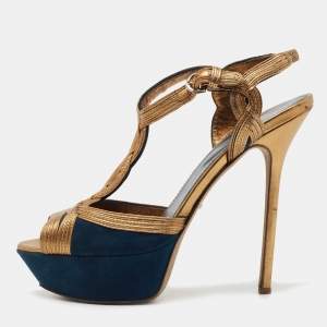 Pre Owned Sergio Rossi Blue/Gold Leather and Suede Platform Ankle Strap Sandals Size 39