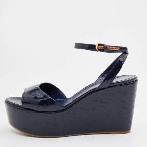 Sergio Rossi Navy Blue Patent Leather Platform Wedge Ankle Strap Sandals Size 40.5