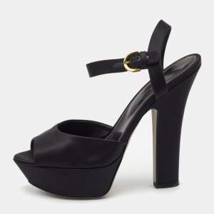 Pre Owned Sergio Rossi Black Satin Ankle Strap Platform Sandals Size 38