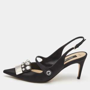 Pre Owned Sergio Rossi Black Satin Crystal Studded Slingback Pumps Size 38