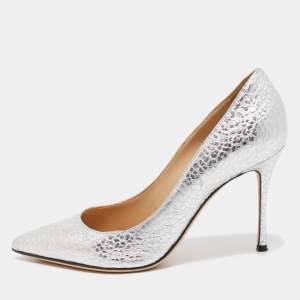 Pre Owned Sergio Rossi Silver Texture Leather Pointed Toe Pumps Size 36.5