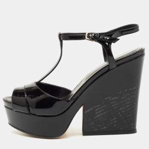 Pre Owned Sergio Rossi Black Patent Leather Wedge Sandals Size 35