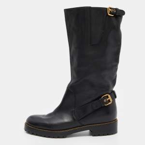 Pre Owned Sergio Rossi Black Leather Buckle Ankle Length Boots Size 36