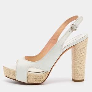 Pre Owned Sergio Rossi Off White Leather Block Heel Slingback Sandals Size 37.5