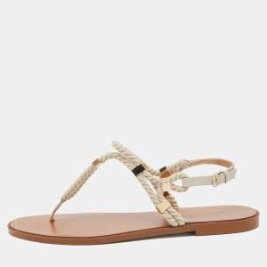 Sergio Rossi Beige Leather and Raffia Ankle Strap Flat Sandals Size 40