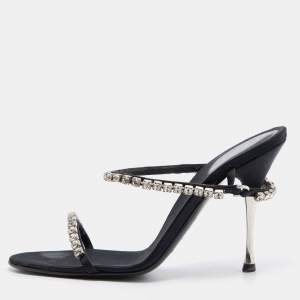 Pre Owned Sergio Rossi Black Satin Crystal Embellished Slide Sandals Size 36.5
