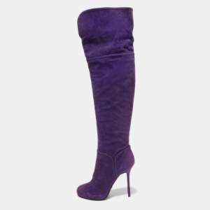Sergio Rossi Purple Suede Zip Detail Knee Length Boots Size 40.5  